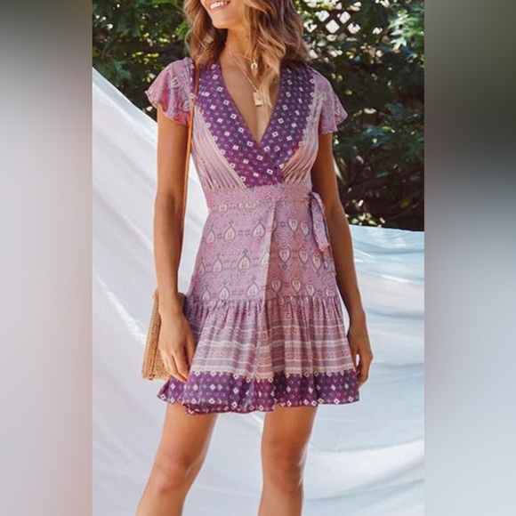 Zesica | Dresses | Zesica Summer Wrap V Neck Bohemian Floral Ruffle ...